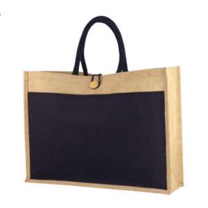 Carrey - Wide Laminated Jute Bag with Button Loop & Canvas Pocket (Black)