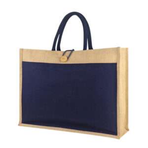 Karma - Wide Laminated Jute Bag with Button Loop & Canvas Pocket (Blue)