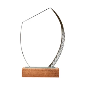 Leaf-Shaped Crystal Award with Wooden Base