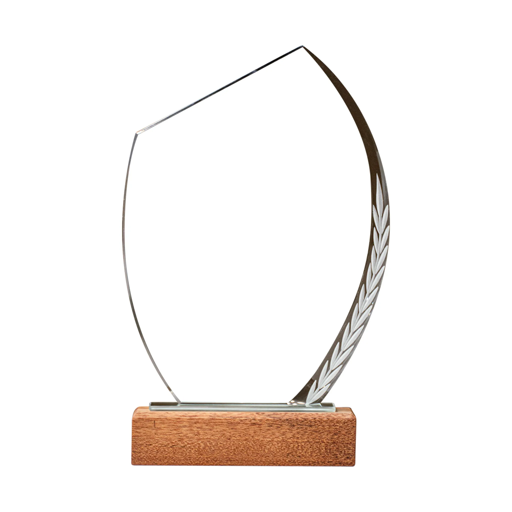 Leaf-Shaped Crystal Award with Wooden Base