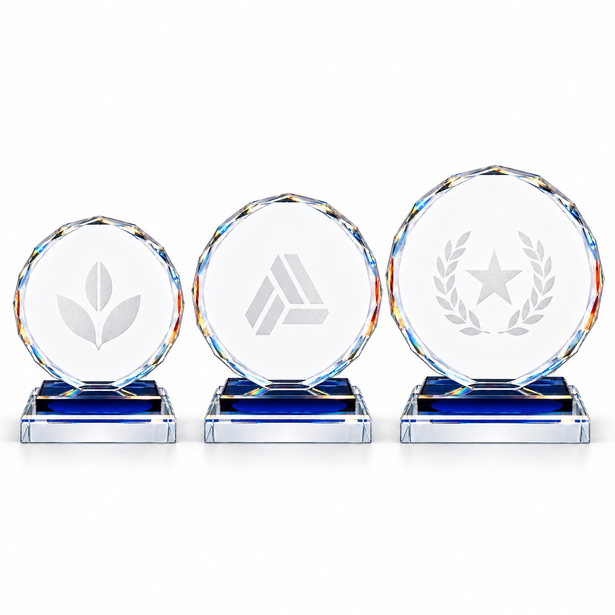 Faceted Round Crystal Glass Award with Blue Base - Image 2