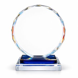 Faceted Round Crystal Glass Award with Blue Base