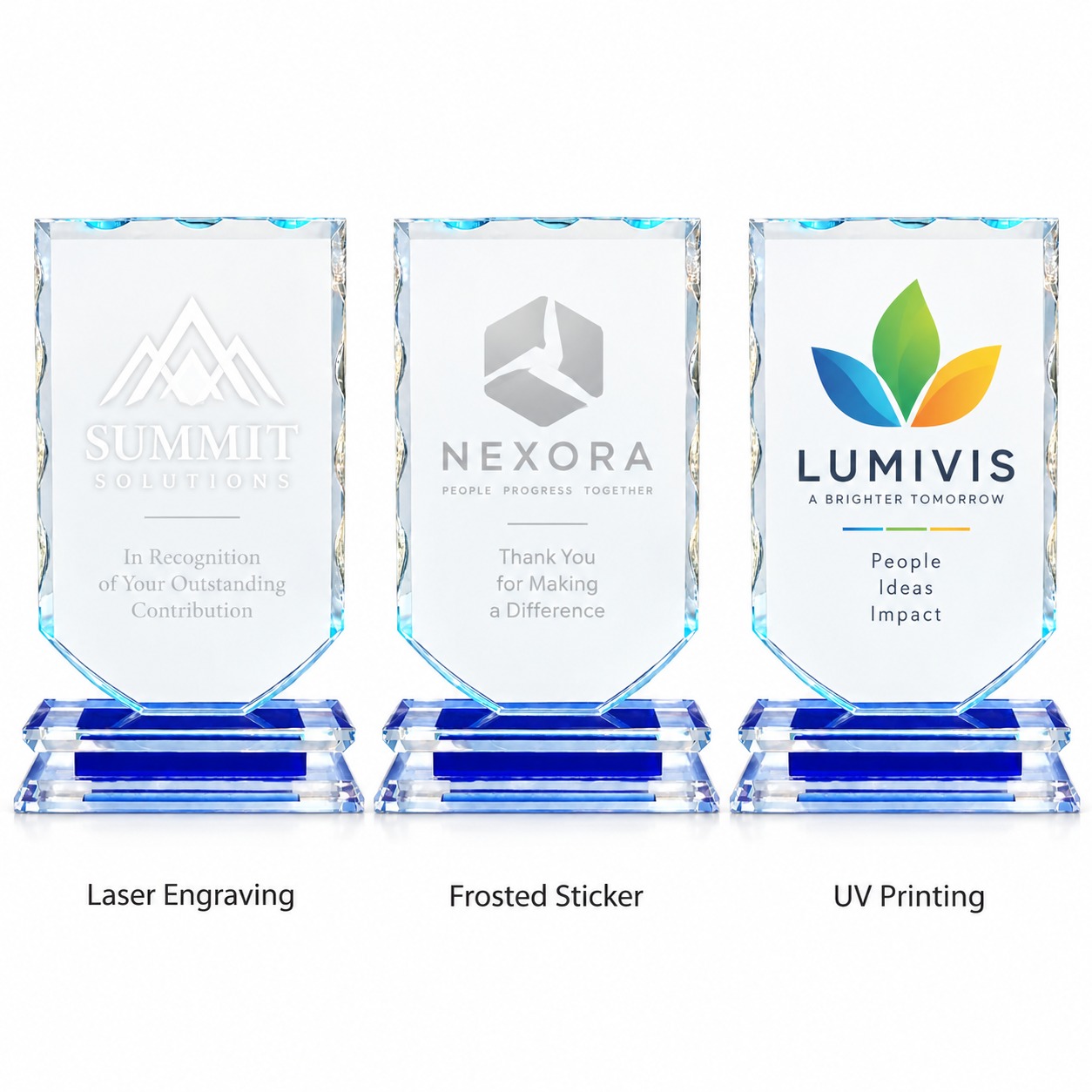 Rectangular Crystal Glass Award with Blue Base - Image 2
