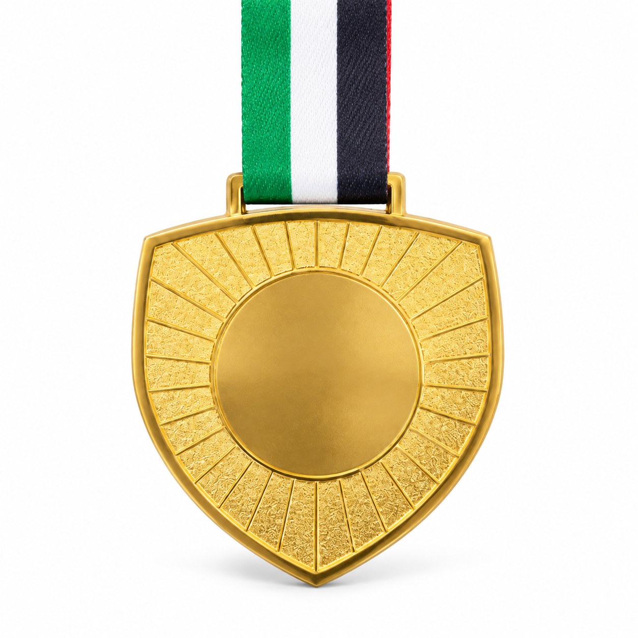 Shield-Shaped Gold Metal Medal with Custom Ribbon