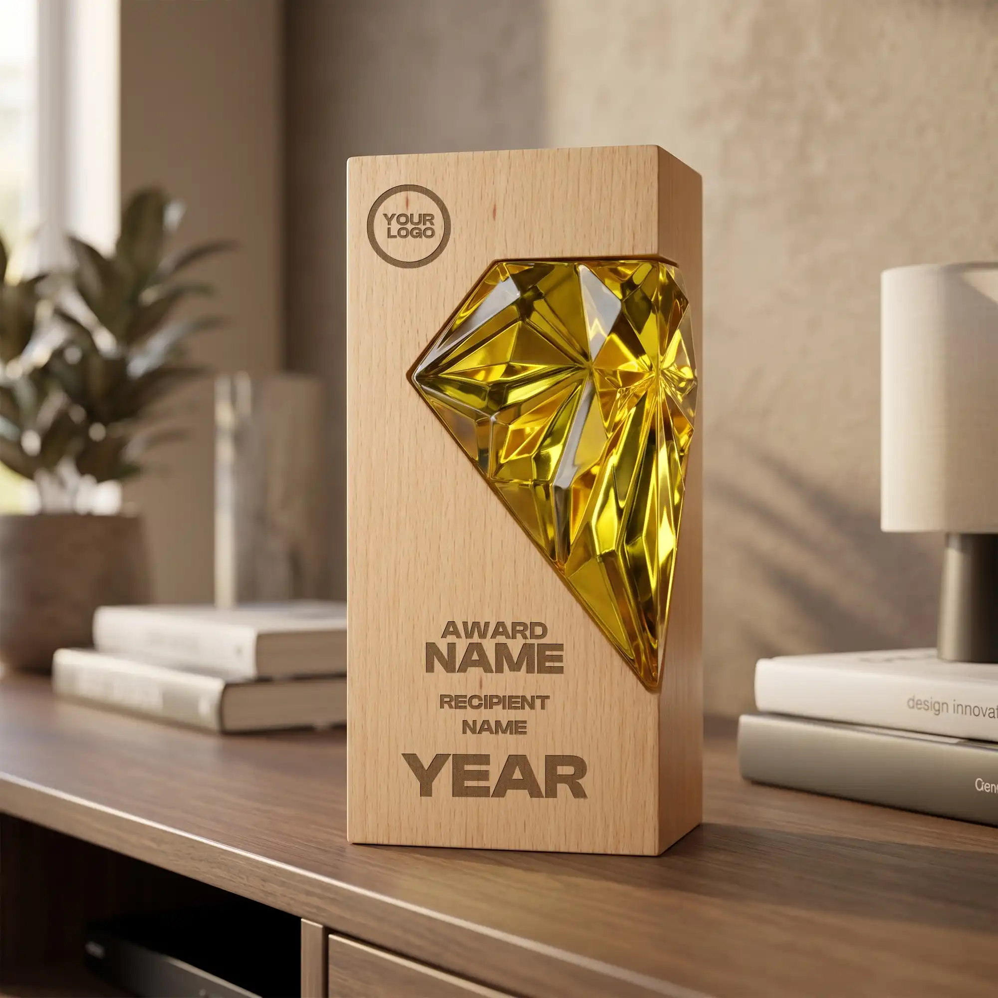 Beech Wood & Amber Crystal Diamond Award - Image 2