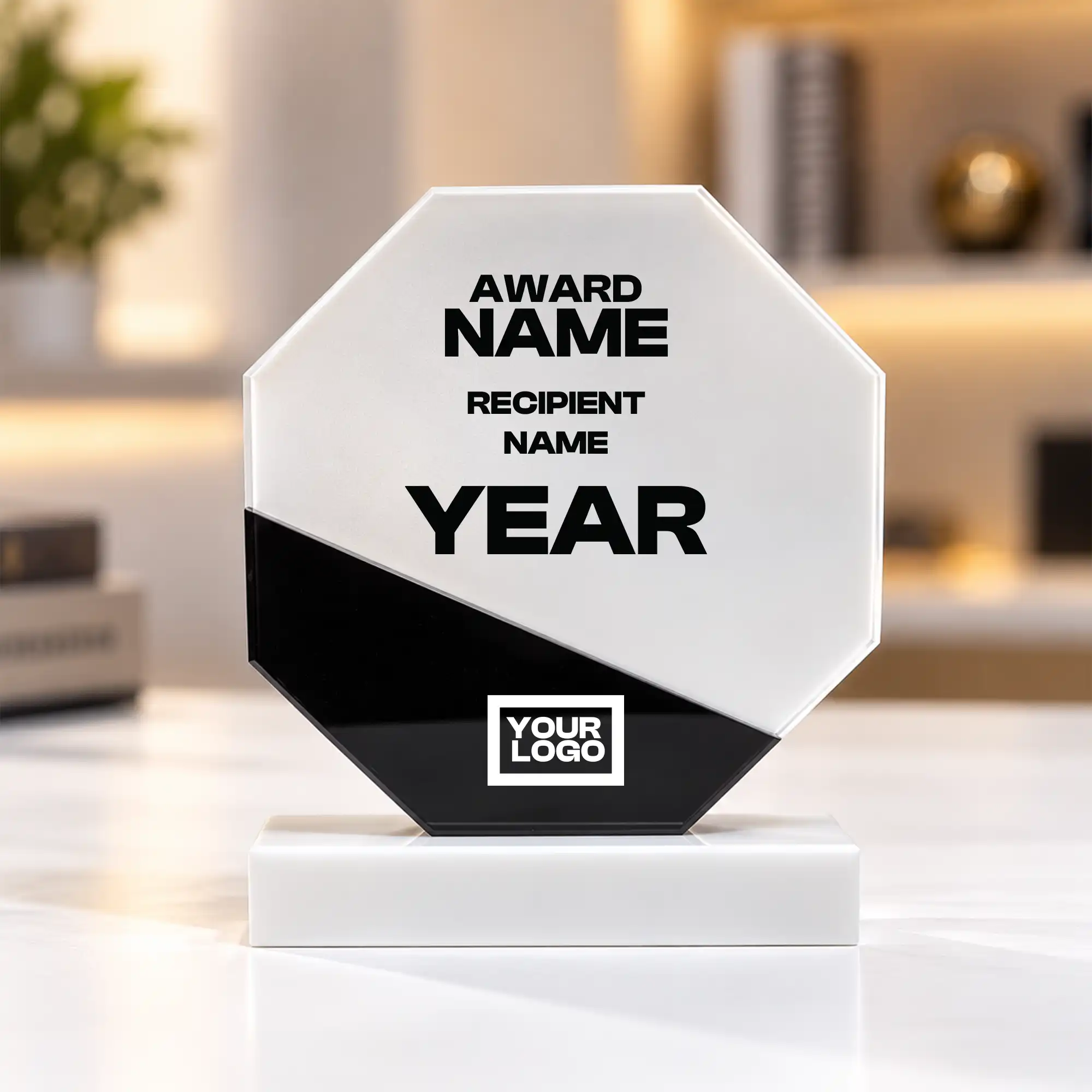 White Marble Octagonal Crystal Award - Image 3